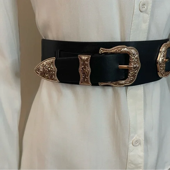 Black PU leather gold tone double buckleelastic waistband belt